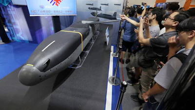 A low-cost autonomous cruise missile Barracuda 500, jointly manufactured by U.S Anduril and Taiwan's National Chung-Shan Institute of Science and Technology, isndisplayed during the Taipei Aerospace & Defense Technology Exhibition (TADTE) at Nangang Exhibition Center in Taipei, Taiwan, Sept. 20, 2025.