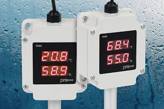 Two white digital temperature and humidity sensors with red LED displays