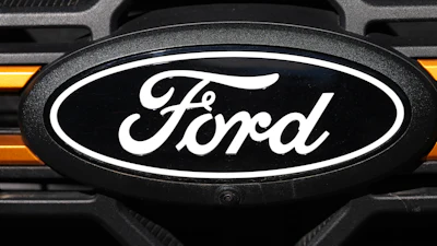 The company logo is shown on the grille of an unsold 2026 F-series pickup truck on the lot of a Ford dealership, Sunday, Nov. 2, 2025, in Littleton, Colo.