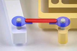 Researchers have developed artificial tendons for muscle-powered robots. They attached the rubber band-like tendons (blue) to either end of a small piece of lab-grown muscle (red), forming a “muscle-tendon unit.”