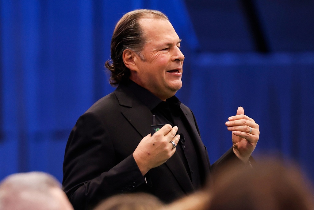 Salesforce CEO Marc Benioff delivers the keynote address at the start of the Dreamforce conference at the Moscone Center, in San Francisco, Oct. 14, 2025.