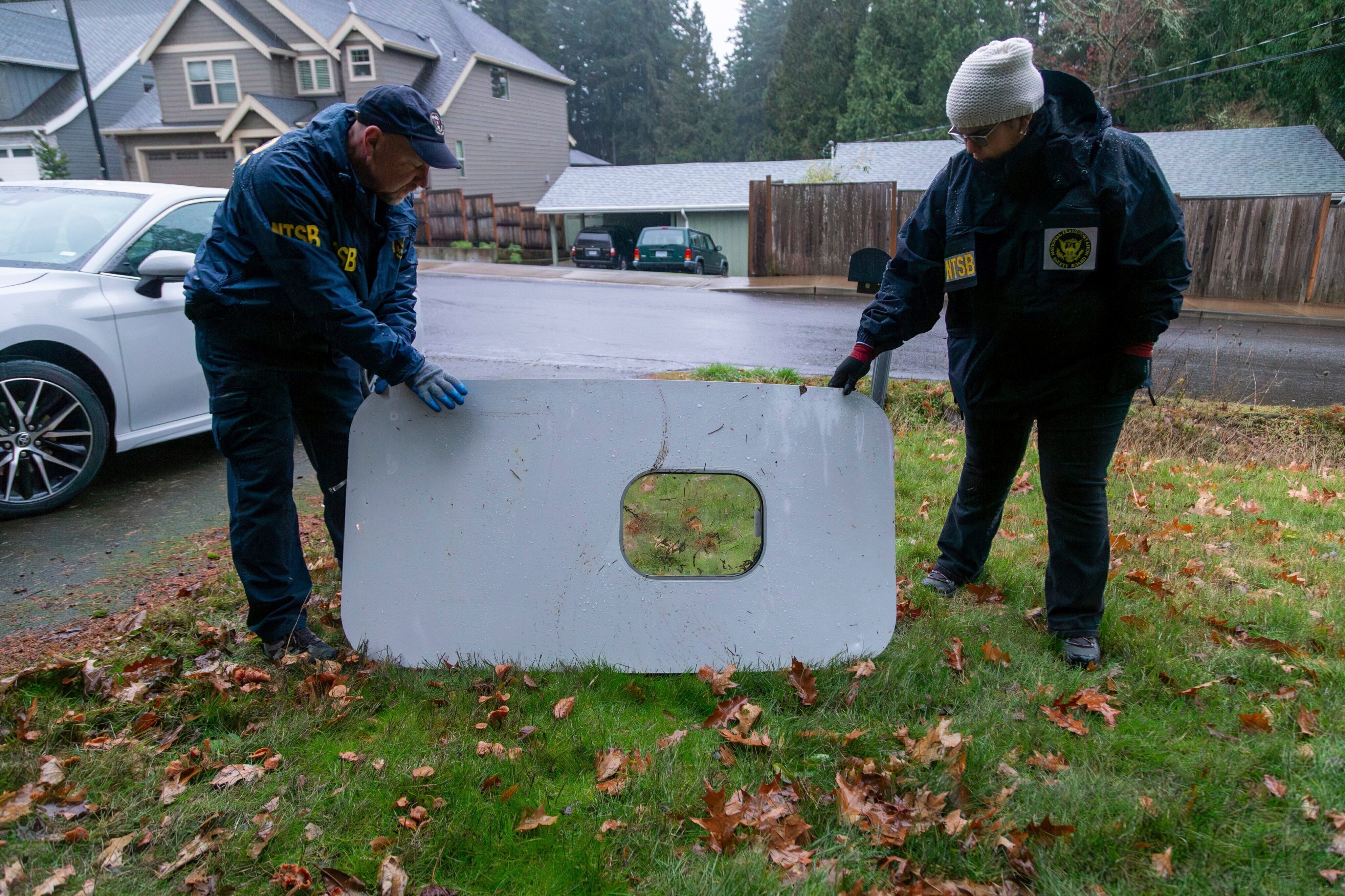 This photo released by the National Transportation Safety Board shows the door plug that fell from Alaska Airlines Flight 1282 on Jan. 8, 2024, in Portland, Ore.