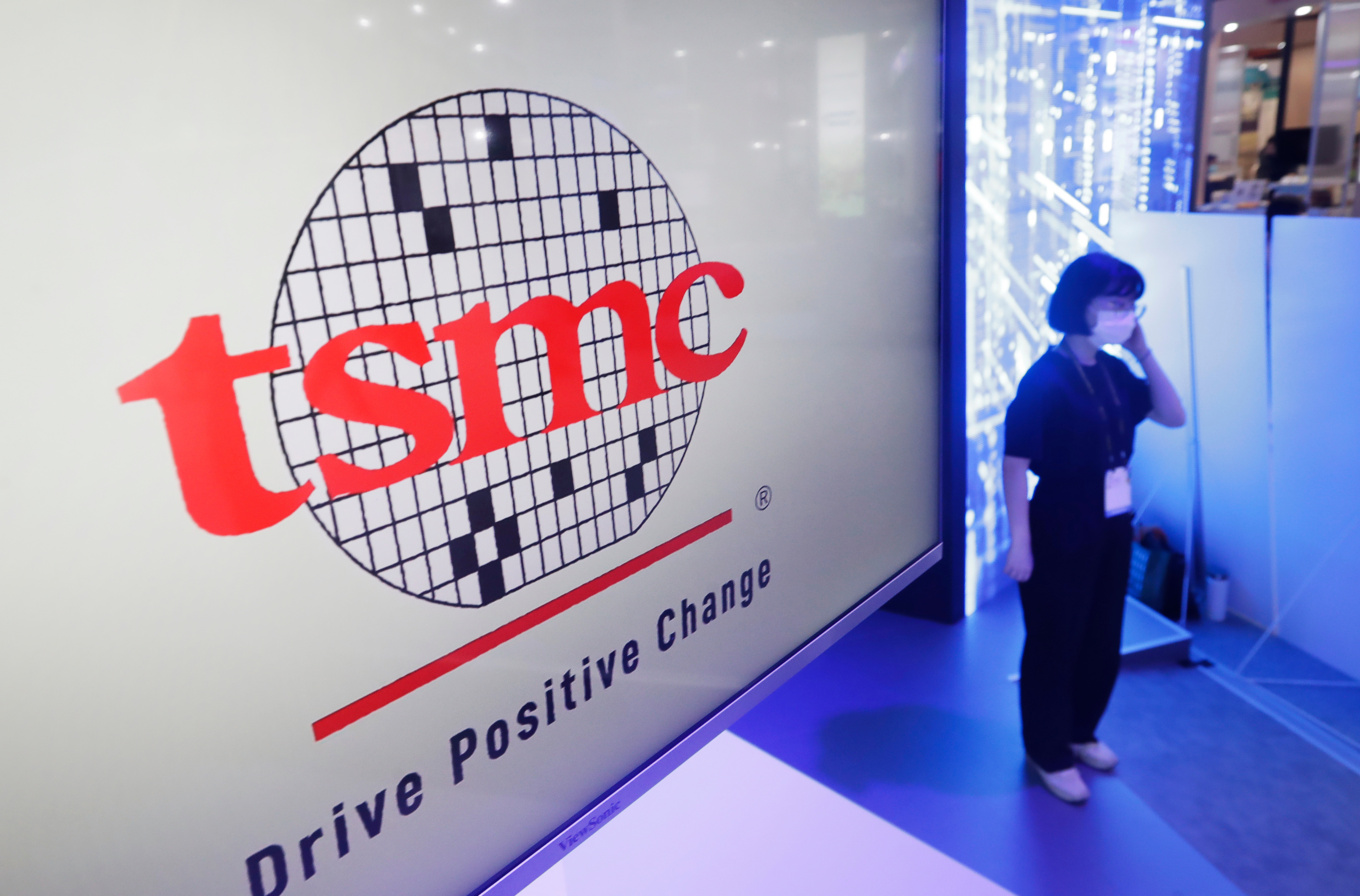 This photo shows the logo of TSMC (Taiwan Semiconductor Manufacturing Company) during the Taiwan Innotech Expo at the World Trade Center in Taipei, Taiwan, Oct. 14, 2022.
