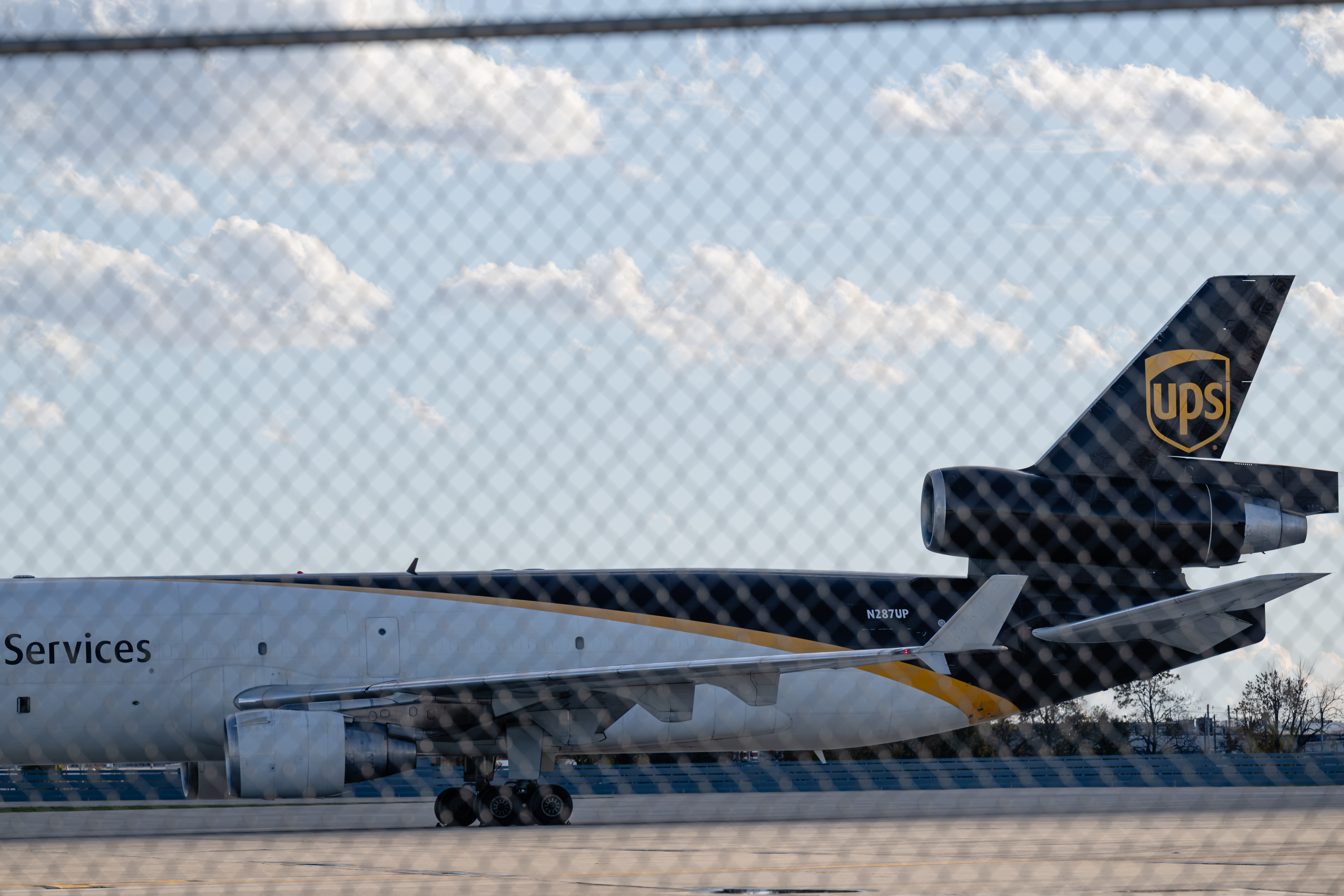 An MD-11F is seen parked at the UPS North Maintenance Hangar, Nov. 8, 2025, in Louisville, Ky.