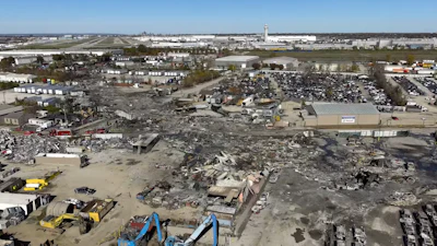 This photo provided by the National Transportation Safety Board shows UPS plane crash scene on Thursday, Nov. 6, 2025 in Louisville, Ky.