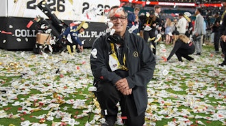 Noah Winter, responsible for the confetti displays, poses for a picture after the College Football Playoff national championship game, Monday, Jan. 19, 2026, in Miami Gardens, Fla.