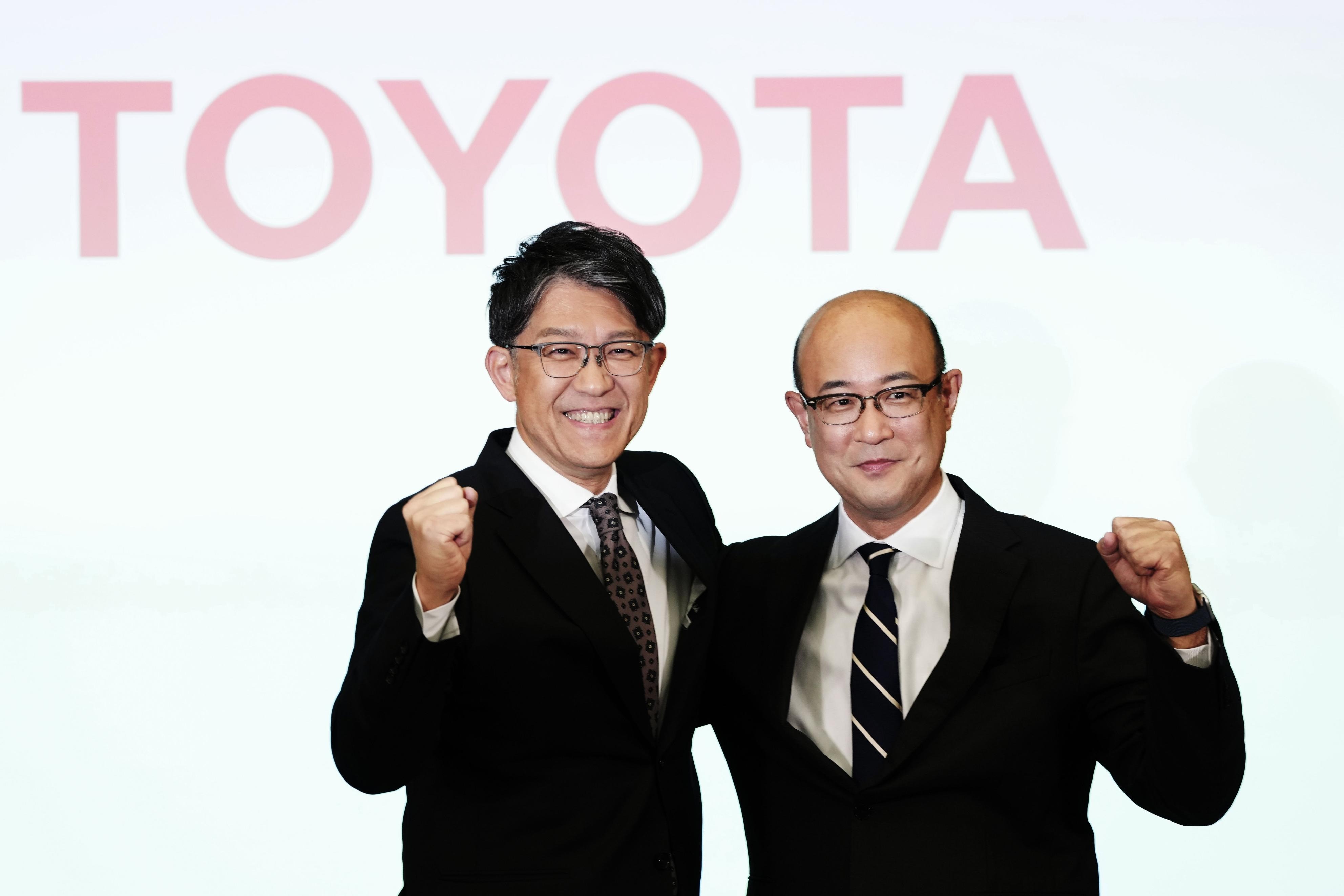 Kenta Kon, right, an executive officer who has been named the next president of Toyota Motor Corp., poses for a photo with current President Koji Sato, left, in Tokyo on Friday, Feb. 6, 2026.