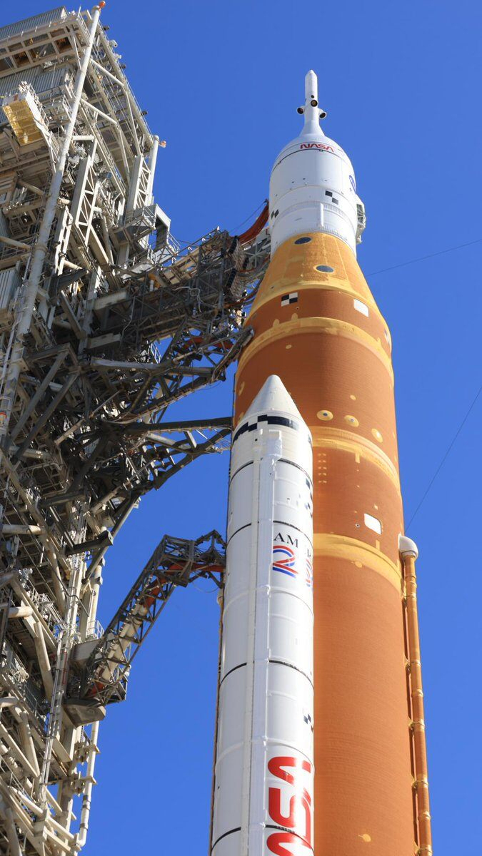 This image provided by NASA shows the NASA lunar rocket on the launch pad at Kennedy Space Center in Florida on Thursday, February 19, 2026.