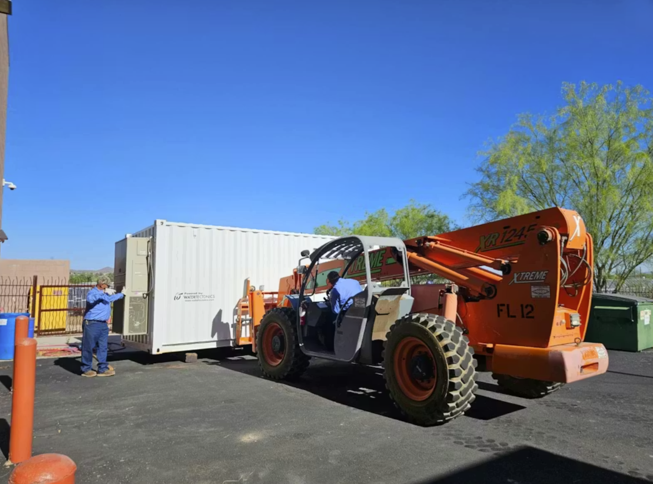 A trailer containing a small water reclamation system.
