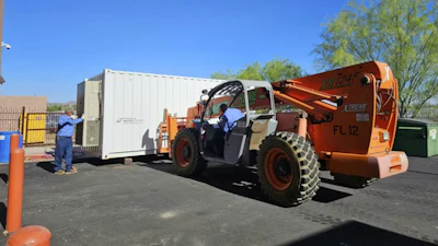 A trailer containing a small water reclamation system.