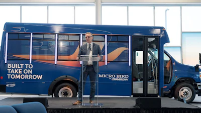 Blue Bird signed an agreement to acquire Girardin Group’s stake in the 50/50 Micro Bird joint venture. Established in 2009, Micro Bird specializes in designing and manufacturing Type A school and commercial shuttle buses with capacities ranging from 9 to 36 passengers. Pictured here is John Wyskiel, president and CEO of Blue Bird Corporation, at the Sept. 2025 grand opening of the Micro Bird manufacturing facility in Plattsburgh, N.Y.