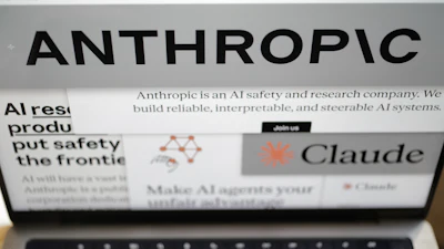 Pages from the Anthropic website and the company's logos are displayed on a computer screen in New York on Thursday, Feb. 26, 2026.