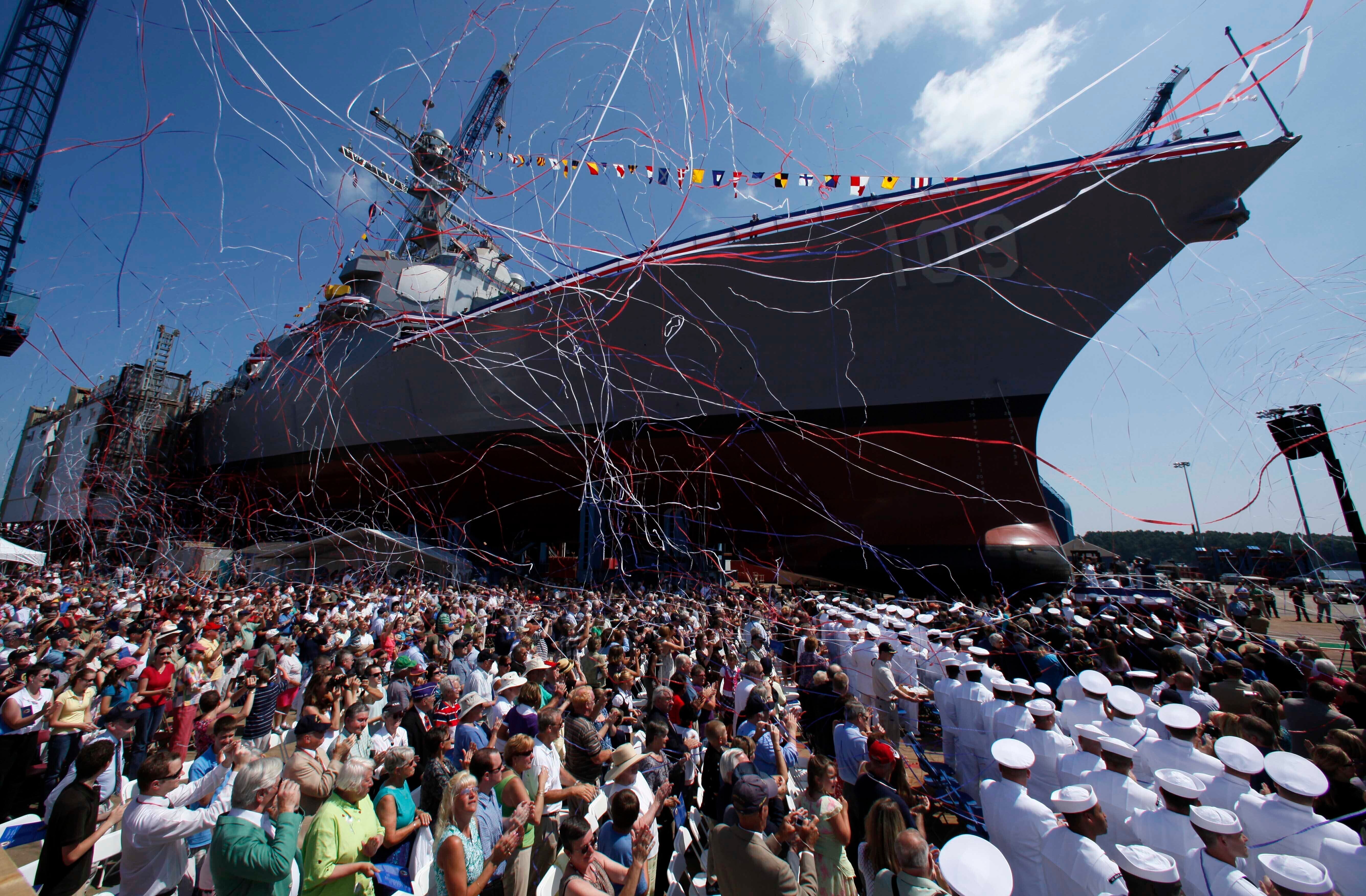 An Arleigh-Burke Class destroyer is christened at Bath Iron Works in Bath, Maine, Aug. 1, 2009.