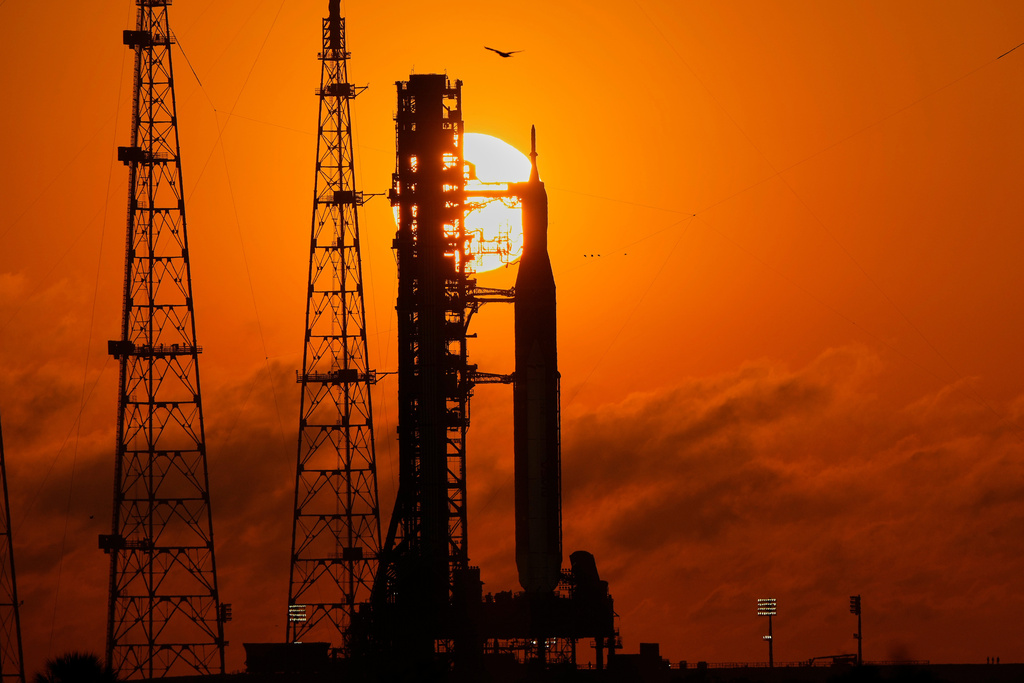 NASA's Space Launch System rocket with the Orion spacecraft set for the Artemis 2 mission is seen on Launch Complex 39B at sunrise at the Kennedy Space Center, Tuesday, March 24, 2026, in Cape Canaveral, Fla.