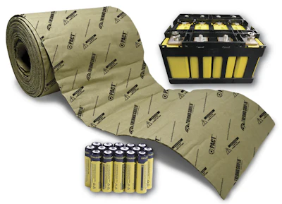 PACT Thermo Shield was invented in 2019 as a thermal management system for shipping and storing items containing lithium batteries. It consists of thin, lightweight, paper material coated with proprietary ink. When a lithium battery goes into thermal runaway and burns, the special ink releases a moisture barrier that creates a vapor cloud to immediately cool the internal contents of the package, which stops a fire entirely, while limiting oxygen around the package to prevent the battery temperature from escalating to 1,500° Fahrenheit, at which point, lethal gases form.