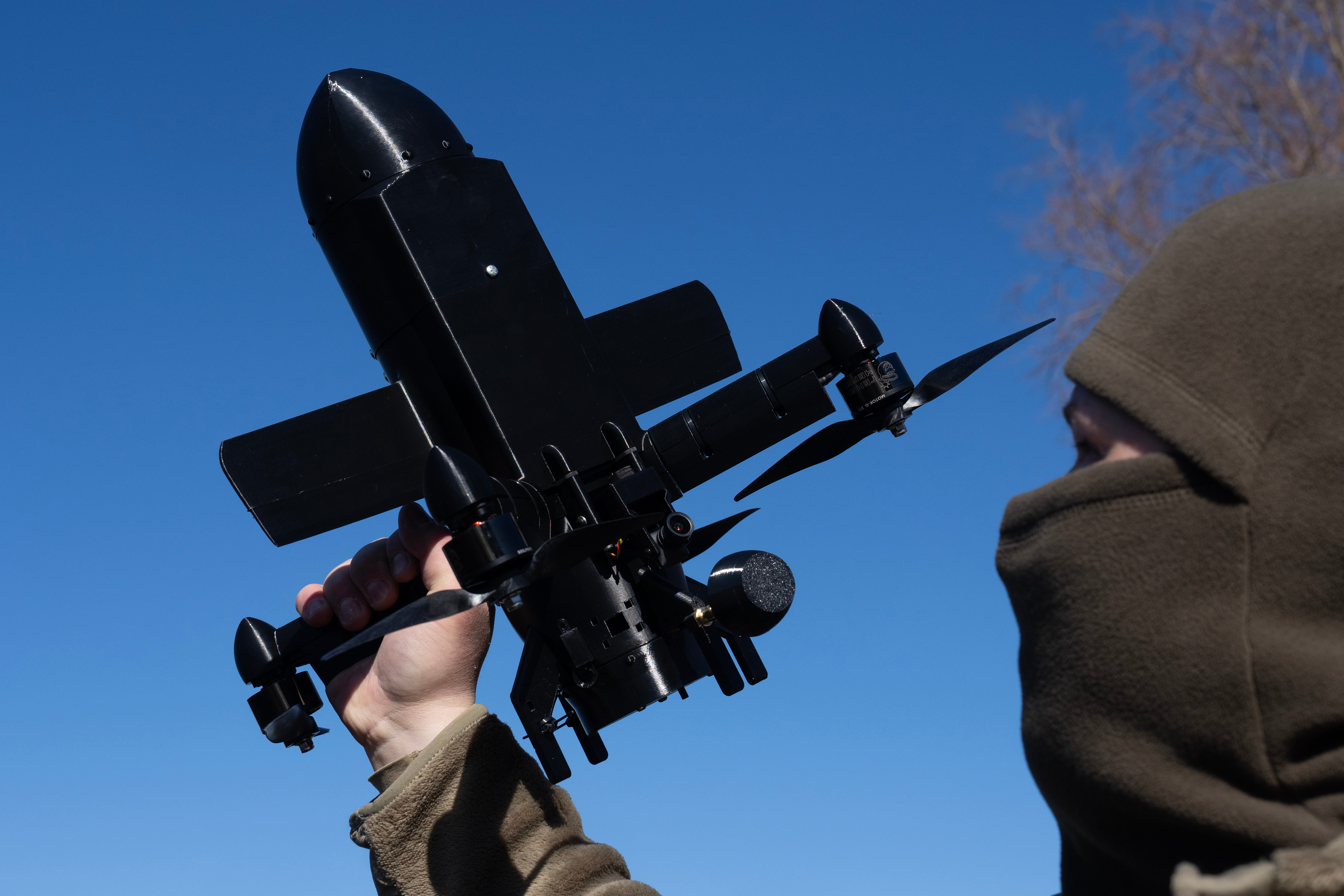 An instructor from the Ukrainian company General Cherry demonstrates the operation of an anti-air interceptor drone designed to destroy Russian attack drones in Kyiv region, Wednesday, March 11, 2026.