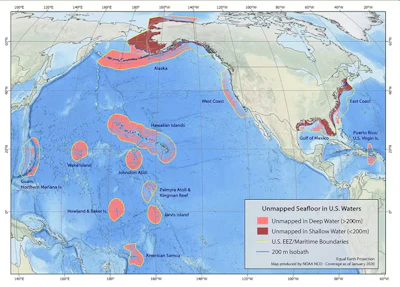 America’s exclusive economic zones, outlined in yellow, extend out 200 nautical miles and include rings around several islands in the Pacific Ocean.