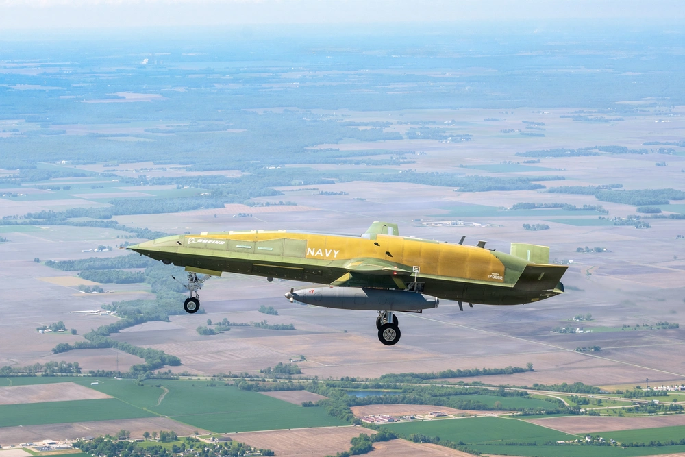 The Navy&rsquo;s MQ-25A Stingray conducts its initial flight April 25 at Boeing&rsquo;s facility at MidAmerica Airport in Mascoutah, Ill. The aircraft completed a controlled test flight to evaluate basic handling and performance in preparation for future carrier-based operations.