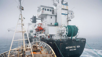 In this photo provided by the Captain Paul Watson Foundation, the M/V Bandero, a Captain Paul Watson Foundation vessel, collides with the Antarctic Sea, a vessel operated by Aker Qrill Company, March 31, 2026.