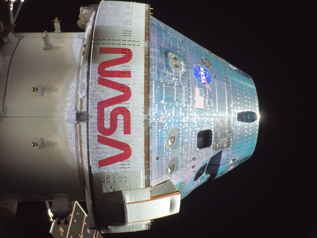 This photo provided by NASA shows the exterior of the Orion spacecraft Integrity during the Artemis II mission en route to the moon on Friday, April 3, 2026.