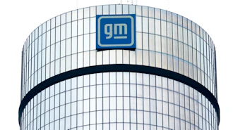 The General Motors logo is displayed at its headquarters in Detroit on April 24, 2024.