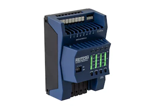 RECOM industrial power supply unit with blue casing, green LED indicators, and modular connector terminals