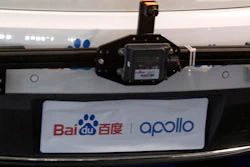 The logo for Baidu and Apollo autonomous driving platform is seen at the Baidu Create 2018 held in Beijing on July 4, 2018.