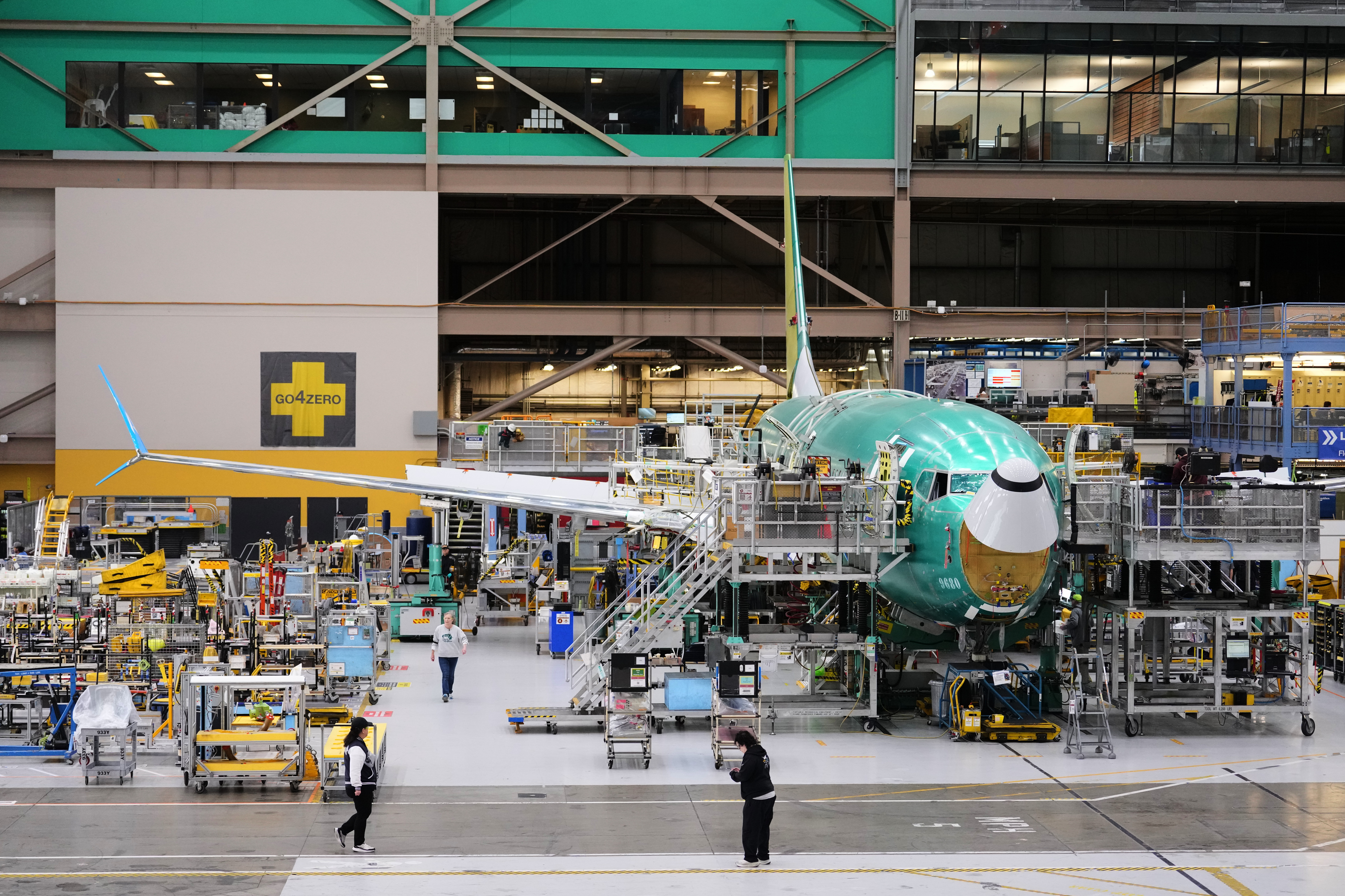 A Boeing 737 MAX airplane on the final assembly line is seen during a media tour at Boeing's factory Wednesday, April 15, 2026, in Renton, Wash.