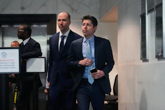 Sam Altman, right, and OpenAI president Greg Brockman, center, arrive at the U.S. District Court in Oakland, Calif., Thursday, April 30, 2026.