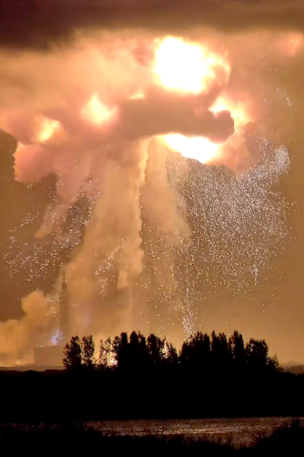 A Blue Origin New Glenn rocket explodes during an engine-firing test on Thursday, May 28, 2026, in Cape Canaveral, Fla.