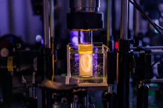 Holographic projection of a human ear model on a sample vial.