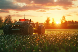 A mobile robot in an agricultural environment.