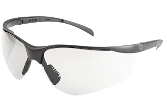 Black and gray wraparound safety glasses with clear lenses and adjustable arms