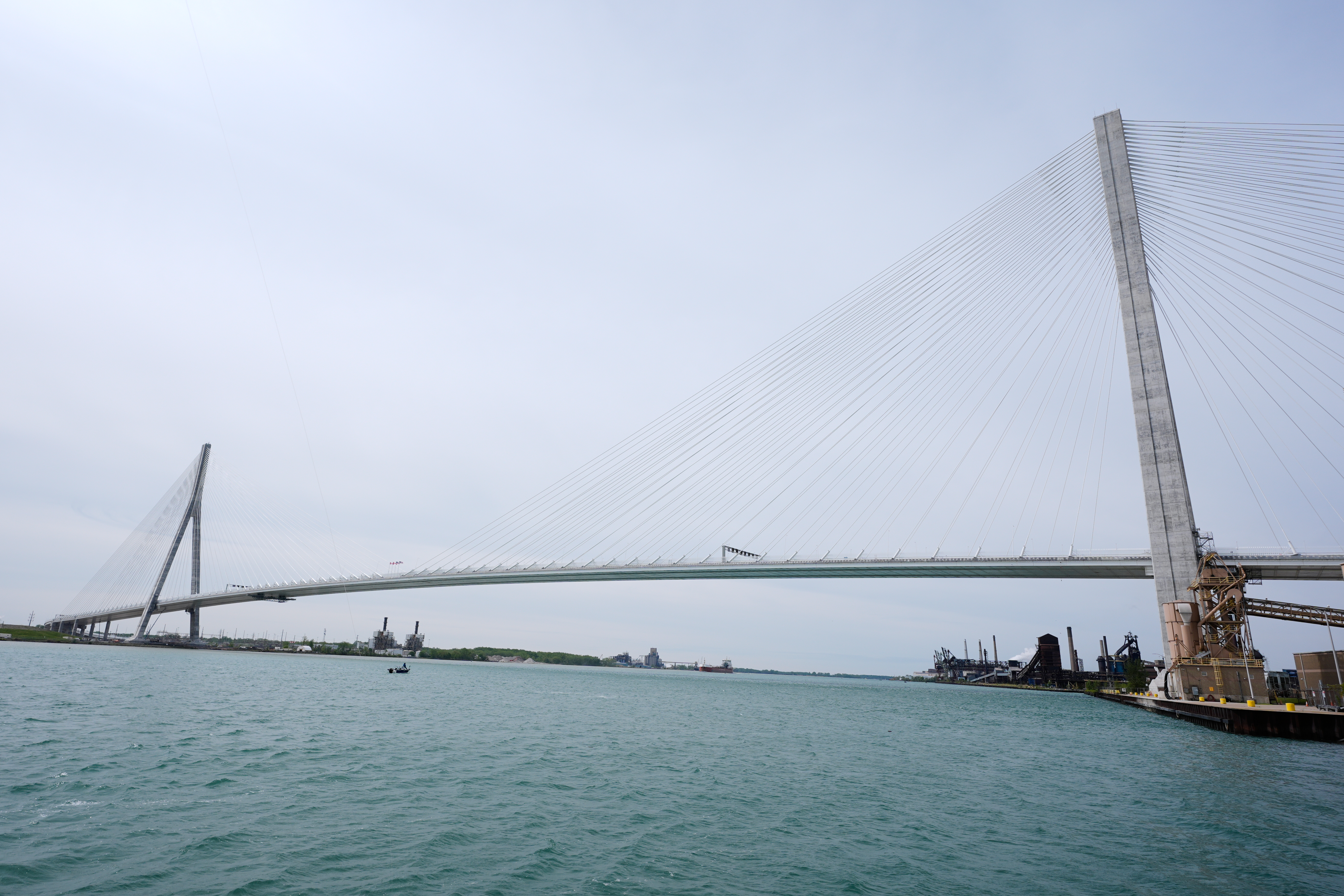 The Gordie Howe Bridge is shown under construction between Windsor, Ontario and Detroit, May 22, 2026.