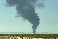Smoke plumes rise from a B-52 bomber that crashed shortly after takeoff at a U.S. Air Force base in Southern California, Monday, June 15, 2026.