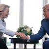 President Donald Trump and European Commission President Ursula von der Leyen shake hands after reaching a trade deal at the Trump Turnberry golf course in Turnberry, Scotland, on July 27, 2025.