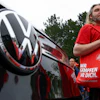 Employees of carmaker Volkswagen AG and IG Metall union members rally on the grounds of the Volkswagen headquarters on the day of the supervisory board meeting, in Wolfsburg, Germany, Thursday, July 9, 2026.