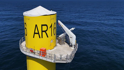 A wind turbine base is visible at Sunrise Wind offshore wind farm that is under construction off the coast of Montauk Point, New York, April 23, 2026.