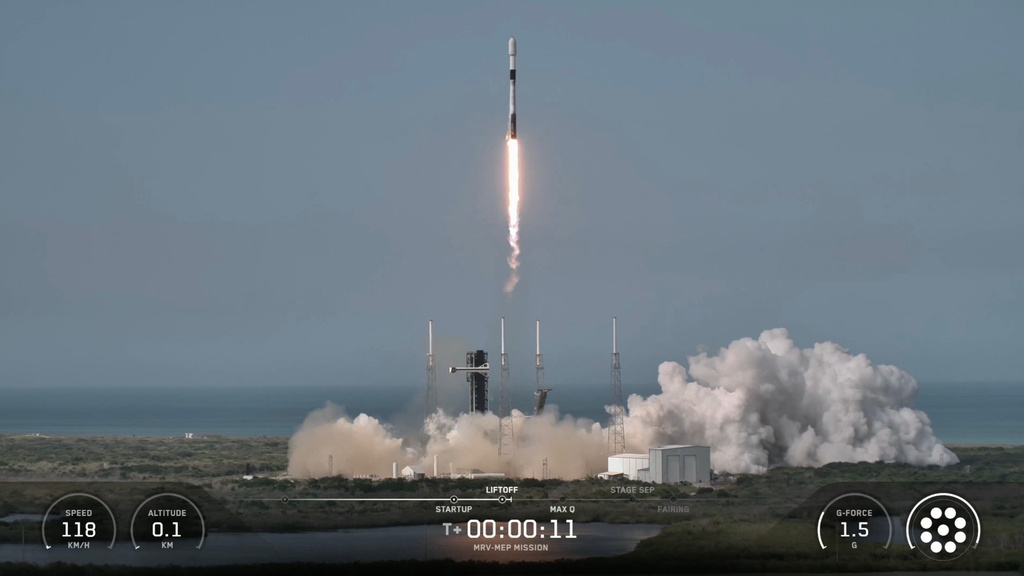 This image from video provided by SpaceX shows a Falcon 9 rocket carrying Northrop Grumman&rsquo;s mission robotic vehicle &mdash; dubbed MRV, launches from Cape Canaveral, Fla., on Tuesday, July 21, 2026.