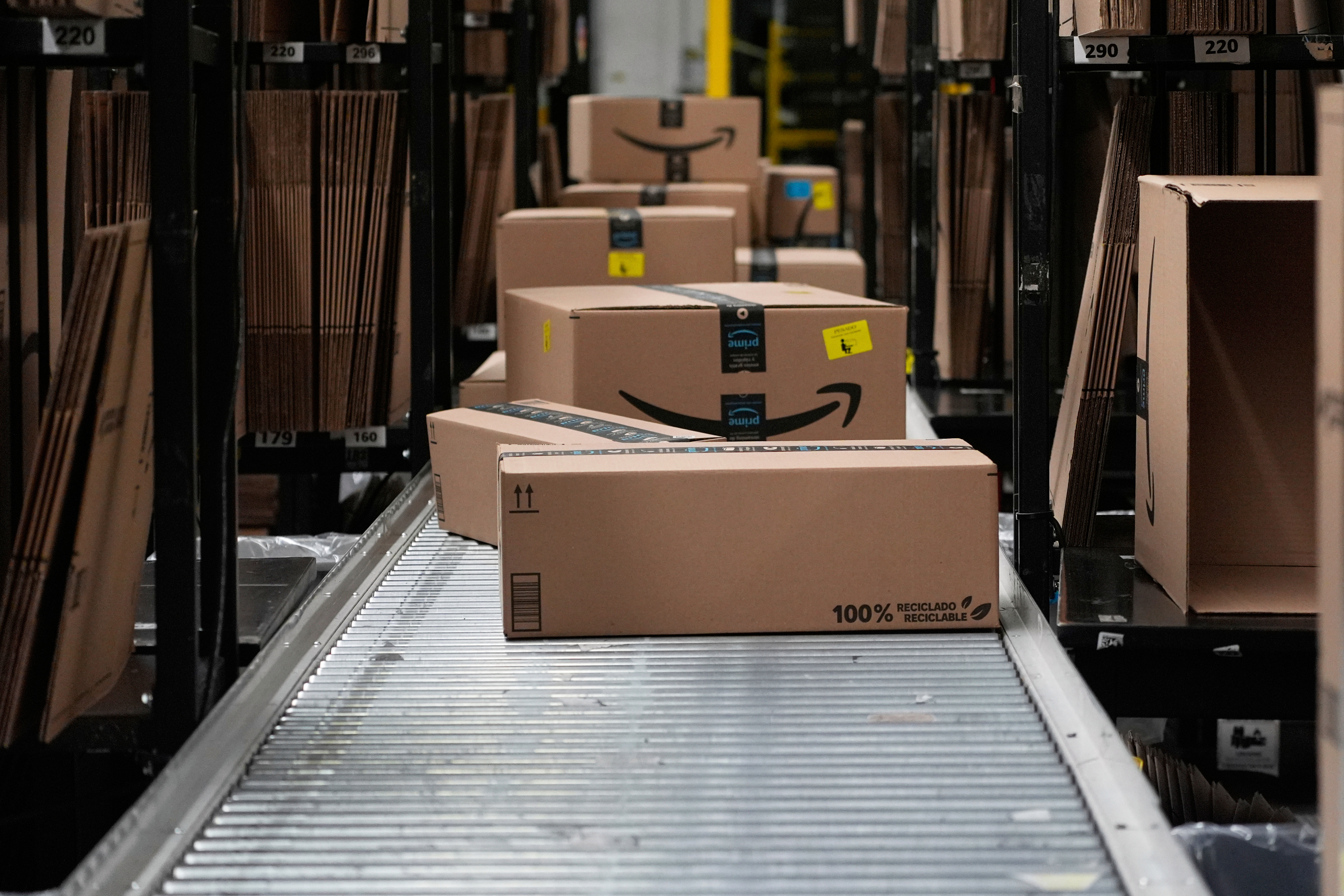 Boxes on a conveyor belt at an Amazon warehouse in Tepotzotlan, Mexico, May 22, 2025.