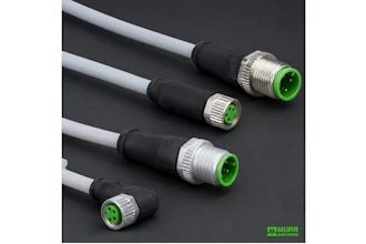 Industrial M12 connector cables with green-coded circular connectors in varying sizes and configurations