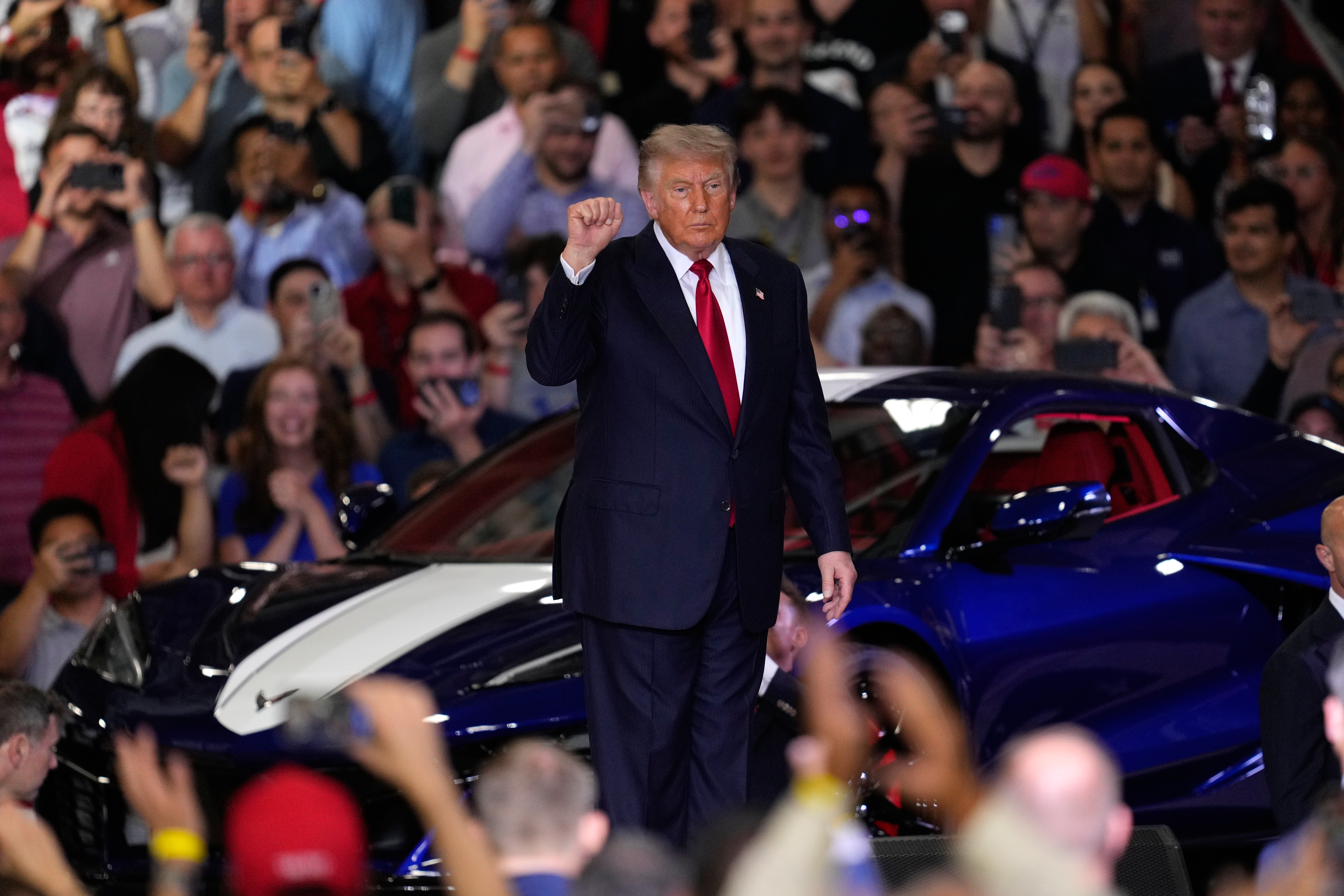President Donald Trump arrives to speak at an event at the General Motors Proving Ground Monday, July 27, 2026, in Milford, Mich.