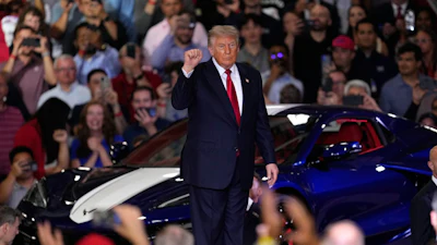 President Donald Trump arrives to speak at an event at the General Motors Proving Ground Monday, July 27, 2026, in Milford, Mich.