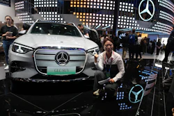 A vlogger promotes the GLC SUV at the Mercedes-Benz booth during Auto China 2026 in Beijing, on April 24, 2026. Major German carmakers saw sharp quarterly sales declines in China, as domestic demand weakened and competition heats up in the world’s biggest auto market.
