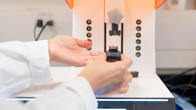 A close-up of the 3D-printed contact lens on the printing platform in University of Waterloo’s Tang Nanotechnology Lab.