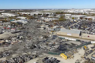 This photo provided by the National Transportation Safety Board shows UPS plane crash scene on Nov. 6, 2025 in Louisville, Ky.