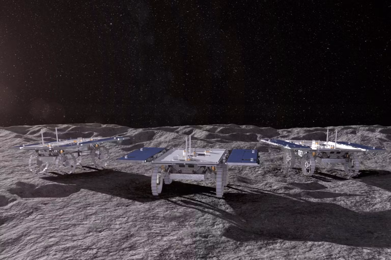 An illustration shows how the NASA CADRE rover team will explore the lunar surface.