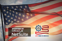 American flag waving with Oracle NetSuite and IEN Made in America logos in patriotic promotional graphic