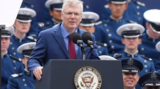 Secretary of the Air Force Troy Meink speaks during the United States Air Force Academy Graduation Ceremony at Falcon Stadium, Thursday, May 28, 2026, at the United States Air Force Academy in Colorado Springs, Colo.