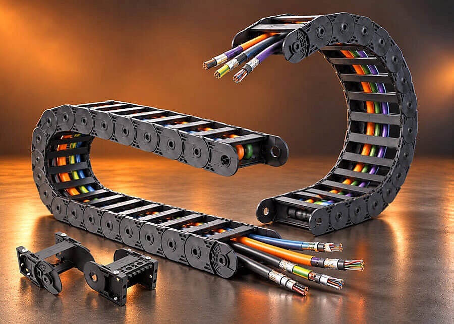 Industrial cable management system with multi-colored wires in flexible drag chain housings against warm orange background